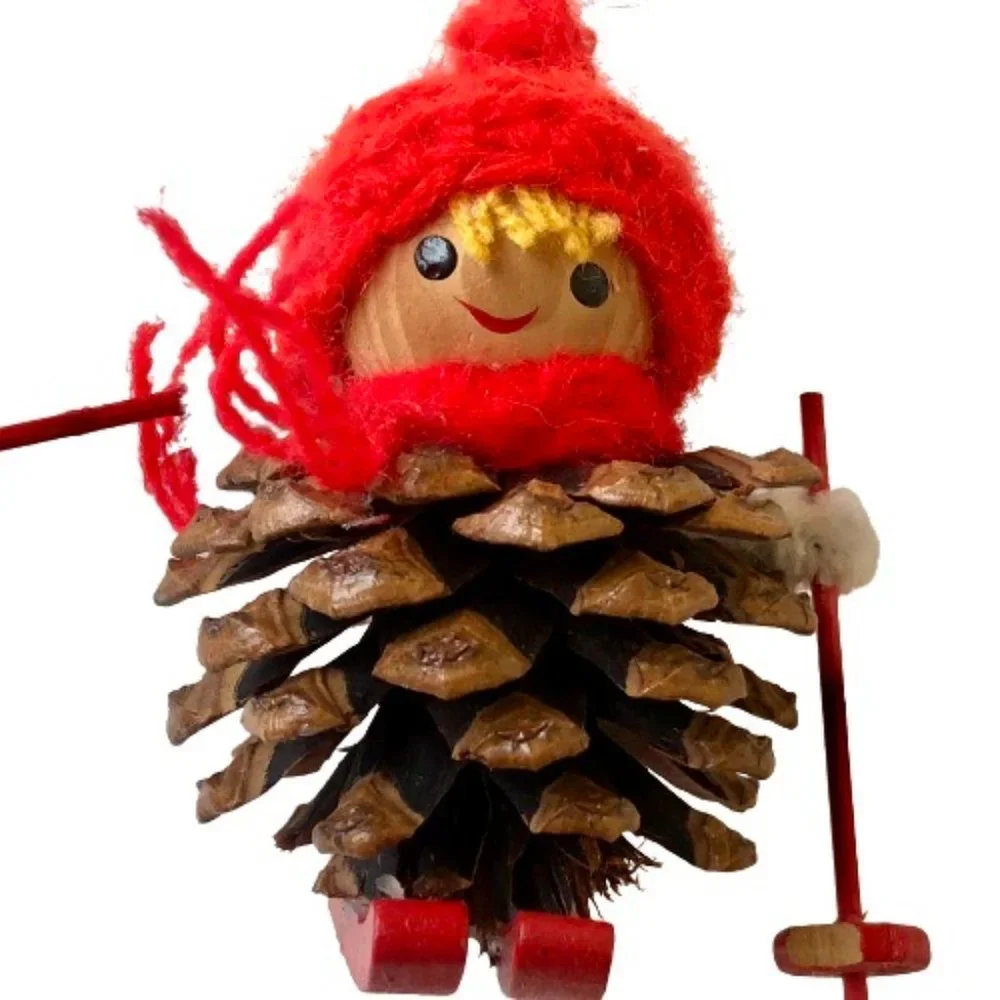 Vintage Christmas Ornaments Handmade Pine-Cone Skier + Yarn Log Carrier Lot 2